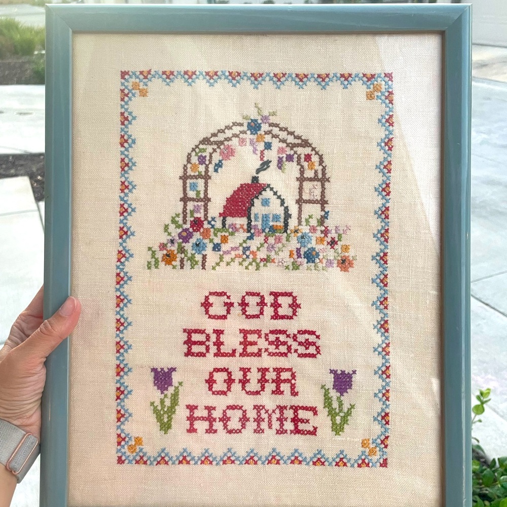 Vintage Vogart Colonial Sampler God Bless Our Home Embroidered Cross Stitch 1940